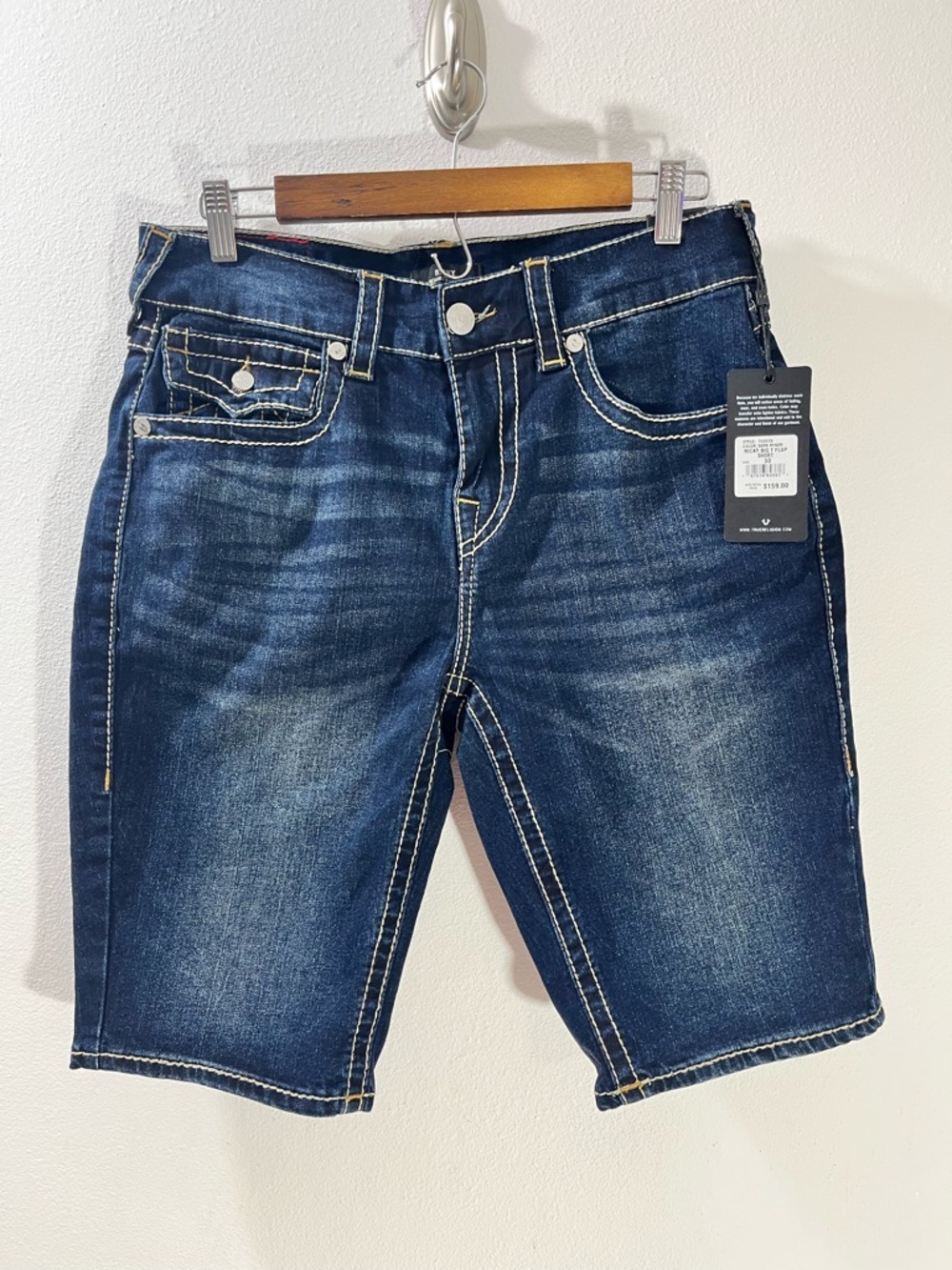 True Religion Men's Size 30 Ricky Big T Flap Jeans Shorts Relaxed Dark Wash